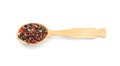 Wooden spoon with different pepper grains on white background Royalty Free Stock Photo