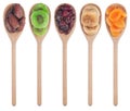 Wooden spoon with dried apricots, figs, dates, kiwi and cranberries Royalty Free Stock Photo