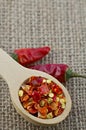 Wooden spoon with dried crushed chili red pepper Royalty Free Stock Photo