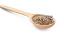 Wooden spoon with dried lavender flowers on white background Royalty Free Stock Photo