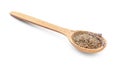 Wooden spoon with dried lavender flowers on white background Royalty Free Stock Photo