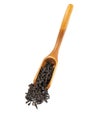 Wooden spoon with dry leaves black tea on isolated background Royalty Free Stock Photo