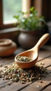 Wooden spoon filled with dried herbs on rustic wooden table by window Royalty Free Stock Photo