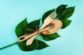 Wooden spoon, fork and honey spoon, green leaves branch on turquoise background. Trendy ero waste flat lay