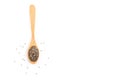 Wooden spoon and wooden fork with seeds isolated on white background. Royalty Free Stock Photo