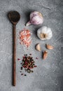 Wooden spoon with garlic, salt and pepper Royalty Free Stock Photo