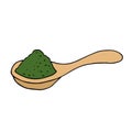 Wooden spoon with green chlorella powder hand drawn in doodle style. single element for design. super food, seaweed