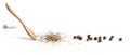 Wooden spoon ground black pepper and ground black pepper on white background