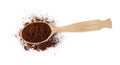 Wooden spoon of ground coffee on white background, top view Royalty Free Stock Photo