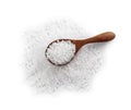 Wooden spoon and heap of natural sea salt isolated on white Royalty Free Stock Photo