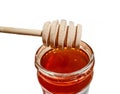 Wooden spoon and a jar of polyfloral bee honey. The concept of beekeeping Royalty Free Stock Photo