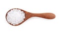 Wooden spoon with natural sea salt isolated on white, top view Royalty Free Stock Photo
