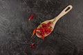 In a wooden spoon and next to it is dried red chili pepper. Black background Royalty Free Stock Photo