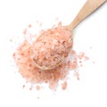 Wooden spoon with pink himalayan salt isolated, top view Royalty Free Stock Photo