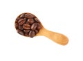 Wooden spoon of roasted coffee beans on white Royalty Free Stock Photo