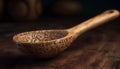 Wooden spoon, rustic table, old fashioned bowl, antique pottery, homemade decoration generated by AI