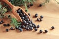 Wooden spoon with seeds of juniper Royalty Free Stock Photo