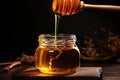 A wooden spoon is seen pouring honey into a glass jar, Organic honey dripping from a wooden dipper into a glass jar, AI Generated Royalty Free Stock Photo