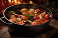 wooden spoon stirring cioppino in a cast-iron pot