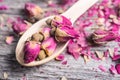 Wooden spoon with tea rose buds and petals Royalty Free Stock Photo