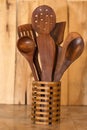 Wooden spoons in basket on a table Royalty Free Stock Photo