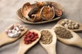 Wooden spoons full of aromatic herbs and spices on fabric Royalty Free Stock Photo