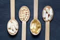 Different healthy supplements on wooden spoons