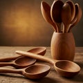 Wooden spoons and a holder set on a rustic wooden surface. The spoons feature Royalty Free Stock Photo