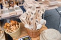 Wooden spoons and other kitchenware at holiday market in Ribnica town. Slovenia