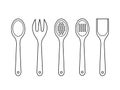 Wooden spoons outline on white background. Mixing spoon, spatula, fork, strainer. Royalty Free Stock Photo