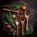 Wooden spoons with spices a mixture of peppers and spices fragrant herbs for food. Fresh herbs and spices ingredients. Royalty Free Stock Photo