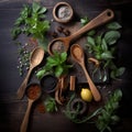 Wooden spoons with spices a mixture of peppers and spices fragrant herbs for food. Fresh herbs and spices ingredients. Royalty Free Stock Photo