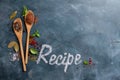 Wooden spoons with spices and recipe word