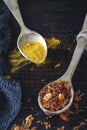 Wooden spoons with turmeric and Baharat Spice Blend Middle East Royalty Free Stock Photo