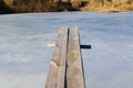 Wooden springboard overhang over ice water