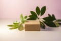 Wooden square stand on a light shadow background. An empty storefront without a brand. A showcase for cosmetics. Product