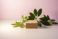 Wooden square stand on a light shadow background. An empty storefront without a brand. A showcase for cosmetics. Product