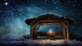 Wooden Stable at Dark Blue Starry Night, Jesus Christ Birth Concept with Copy Space Royalty Free Stock Photo