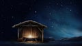 Wooden Stable at Dark Blue Starry Night, Jesus Christ Birth Concept with Copy Space Royalty Free Stock Photo