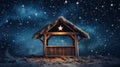 Wooden Stable at Dark Blue Starry Night, Jesus Christ Birth Concept with Copy Space Royalty Free Stock Photo