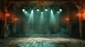 Wooden stage with blue smoke and spot lights. Presentation concept Royalty Free Stock Photo