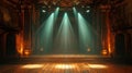 Wooden stage with blue smoke and spot lights. Presentation concept Royalty Free Stock Photo