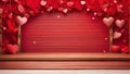 Wooden stage in front of red bright valentines background with hearts