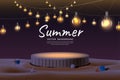 Wooden stage and glowing lamp hanging on the beach concept at night party design for product display Royalty Free Stock Photo