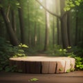 wooden stage for product display mockup with forest background ai generated Royalty Free Stock Photo