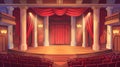 A wooden stage, red curtains, chairs, spotlights, and columns set the scene for this empty theatre scene interior. This Royalty Free Stock Photo