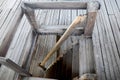 Wooden staircase in bell tower Znamensky Monastery church. Irkutsk