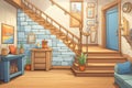 wooden staircase in a craftsman home with stonework details, magazine style illustration