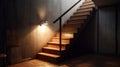 A wooden staircase with illuminated steps. Generative ai Royalty Free Stock Photo