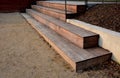 Wooden staircase made of brown tropical wood in the park serves as benches of the theater amphitheater with built-in stair night s